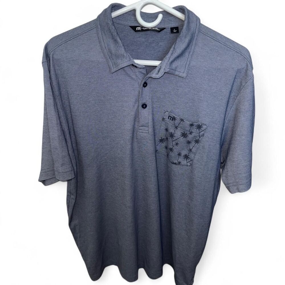 TravisMathew Men's Blue Palm Tree Pocket Golf Polo Shirt Short Sleeve